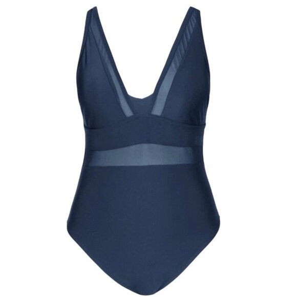 Cupshe Plus Size 3X One Piece Swimsuit Blue V-Neck Mesh Sheer Panel Tummy Contro - Picture 4 of 9